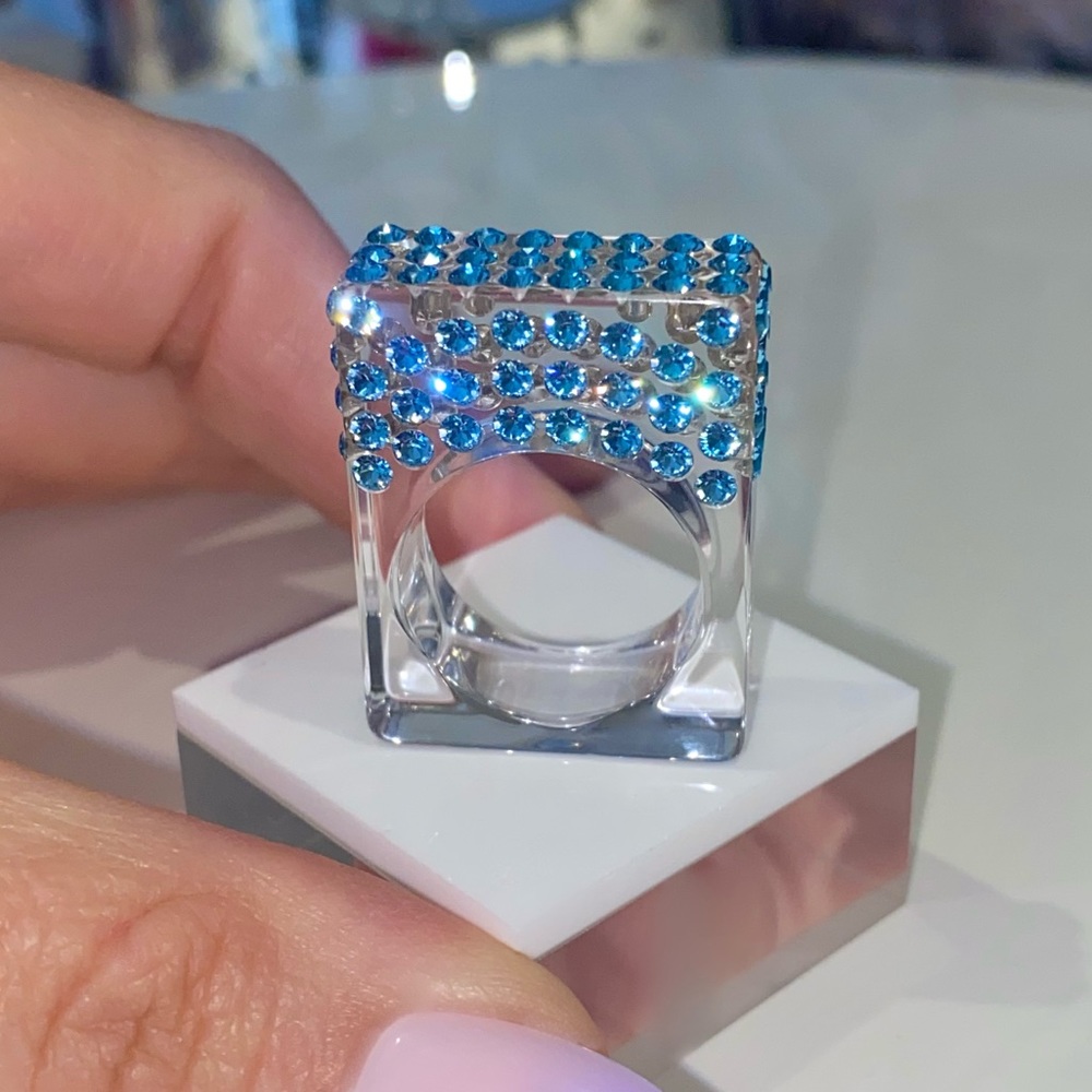 Acrylic Ring • Geometric Ring • Blue Swarovski Crystals • One Of A Kind Ring
